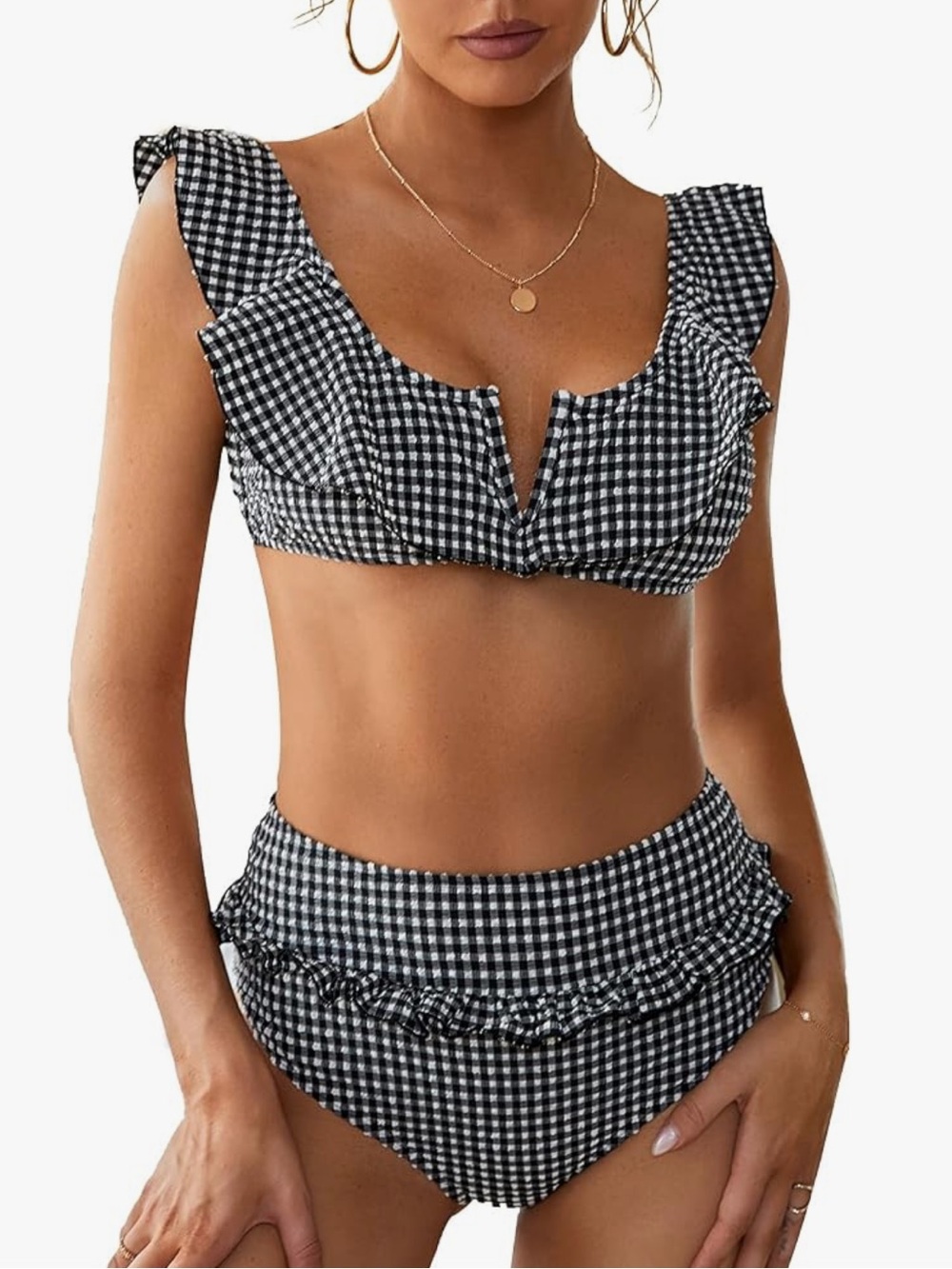 Two Piece High Waisted Flounce Bikini Gingham Tummy Control Size Medium